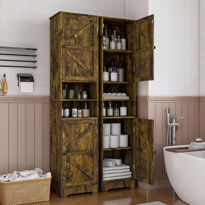 Tall Bathroom Storage Cabinet, Vertical Freestanding Organizer with Adjustable Shelf, Slim Design for Small Bathrooms, Towels & Toiletries Storage Retro Colors