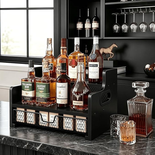 Homode Coffee Syrup Organizer Rack, 3-Tier Syrup Holder Stand with 35 K Cup Storage Drawer, 8 Bottles Capacity, Wood Shelf Liquor Wine Rack for Coffee Bar Countertop, Black