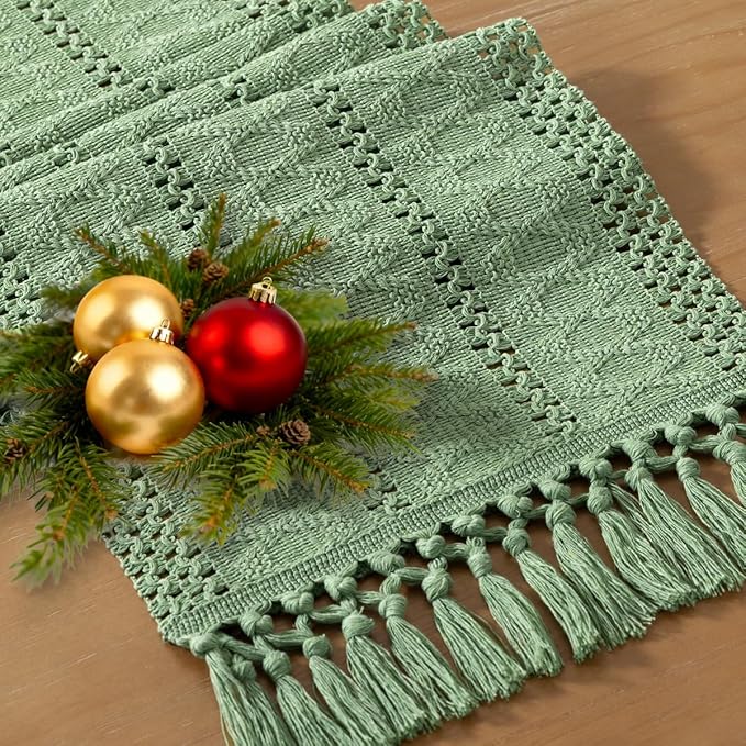 Socomi Sage Green Boho Table Runner Valentine's Day Farmhouse Rustic Dining Kitchen Centerpiece Decor Small Macrame Woven Cotton Linen Coffee Table Runner for Dresser Scarf Home Decor 12x48 inch