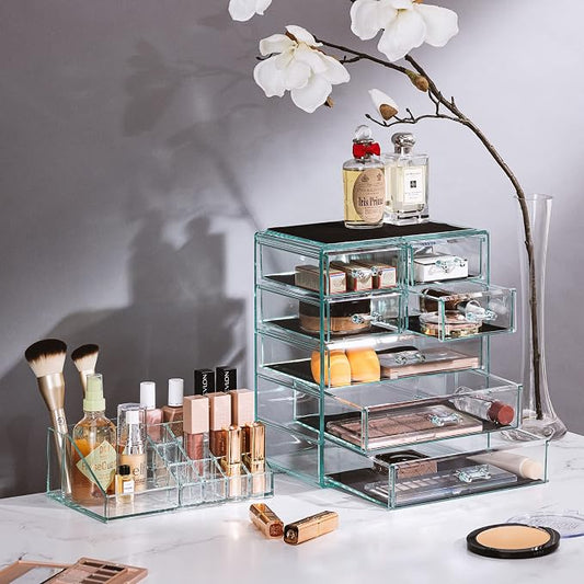 Sorbus Acrylic Makeup Organizer Set, 7-Drawer Vanity & Countertop Cosmetic Storage with Small & Wide Compartments, Teal Thrill Makeup Storage for Brushes, Jewelry – Holiday Gift for Women & Teens