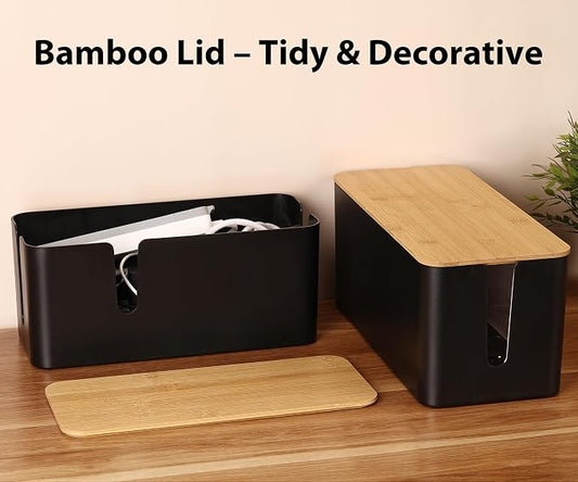 ZhiYo Bamboo Lid Cord Organizer Box, Safe ABS Cable Management Box for TV and Computer, Wood Cover Cord Hider to Hide Wires, Router, USB Hub & Under Desk Power Strip, 1 Pack L13.1 xW5.6 xH5.6 Black