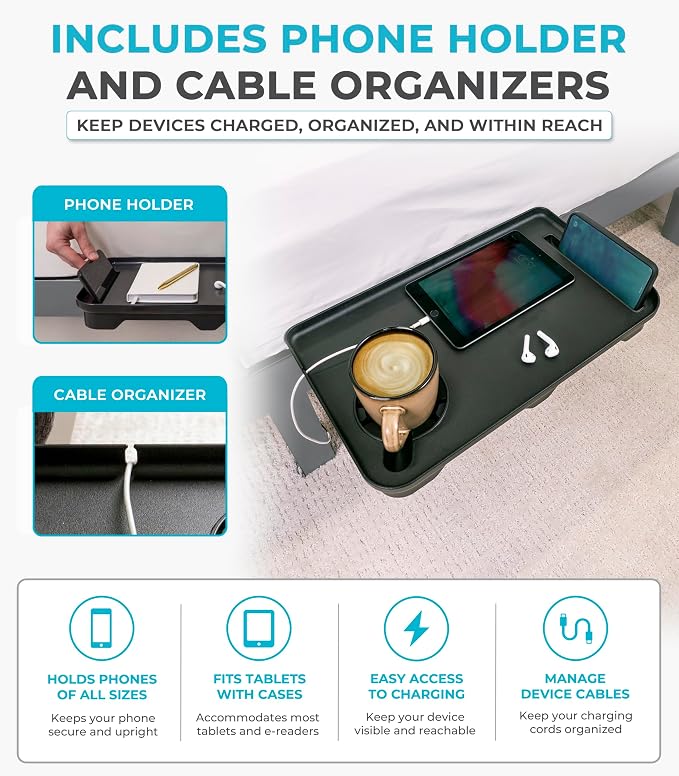 Stander Wonder Bedside Shelf, Bedside Caddy Organizer & Bunk Bed Shelf, Space-Saving Floating Nightstand for Seniors & Dorm Rooms, Bedside Tray Table with Phone Holder, Cup Holder & Cable Organizer