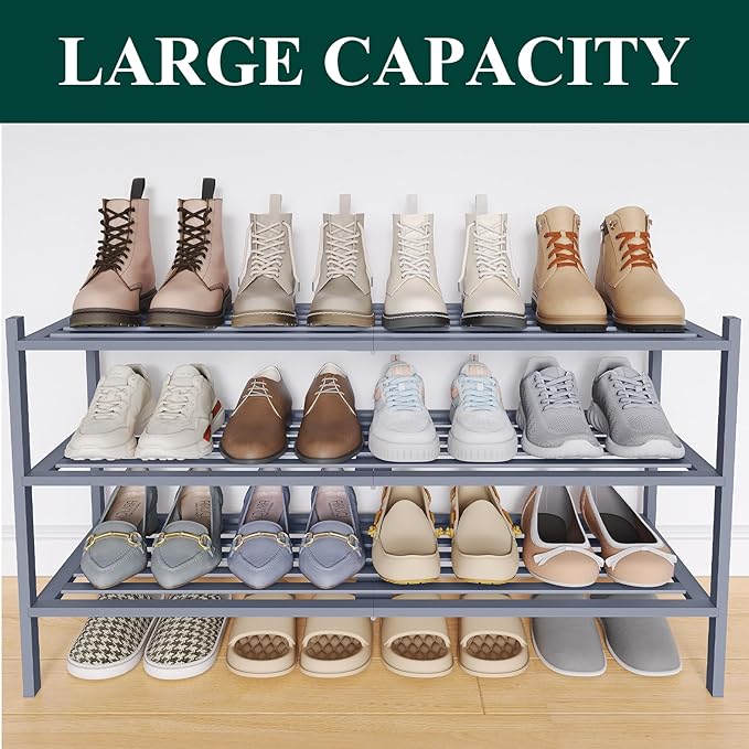 Smiry Long Bamboo Shoe Rack 3-Tier, Stackable Wooden Shoe Organizer for Entryway & Closet, Free Standing Wood Shoe Storage Shelf for Front Door & Small Spaces, Grey