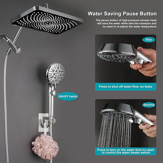 GwernKB Rain Shower Heads with Handheld Spray Combo,Fixed Showerhead&8-Mode Handheld Shower Head with 79 Inches Extra-long Stainless Steel Hose and Low-Reach Adhesive Wall Mount for Elderly
