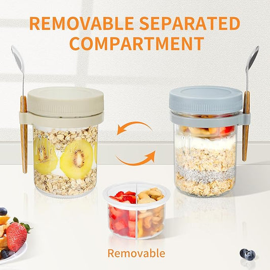 Xyptorix 2 Pack Overnight Oats Containers with Lids and Spoons, 16 oz Mason Jars with Removable Separate Compartments, Airtight and Leak-Proof Glass Jars for Chia Pudding, Yogurt, and Oatmeal