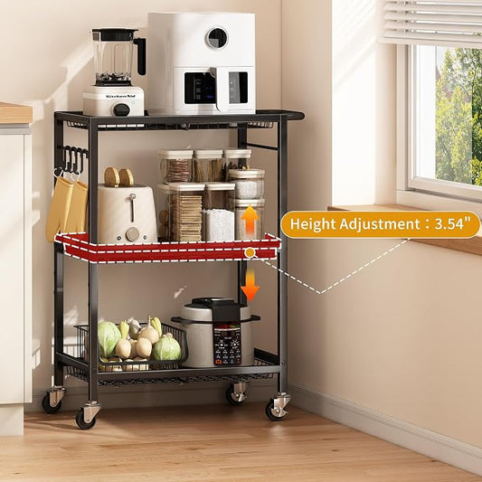 3-Tier Rolling Cart, Space-Saving Kitchen Cart with 150Lbs Capacity, Black Storage Cart with 2 Lockable Wheels for Kitchen Island, Restaurant, Garage, Backyard(No Wooden Boards, Lightweight Version)