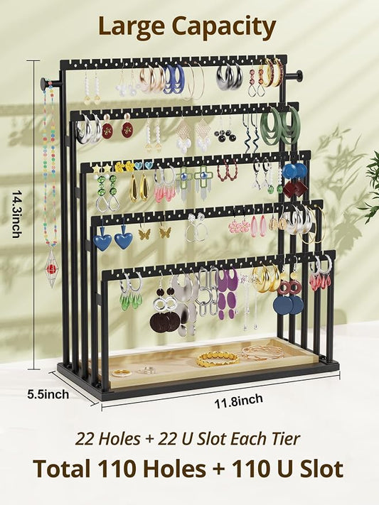 Earring Holder Organizer, 5-Tier Step Jewelry Display Stand with Metal Frame and Wooden Storage Organizer, Large Earring Holder for Studs, Hoops, Dangles, Modern Jewelry Organizer for Women