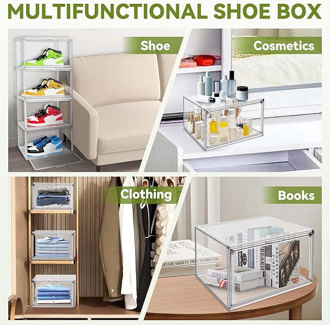 12 Pack Clear Sneaker Boxes Stackable Shoe Box Size 12.5, Acrylic Shoe Storage Organizer Transparent Storage Bins with Magnetic Acrylic Door for Closet, Sneaker Display, Cosmetic, Figure