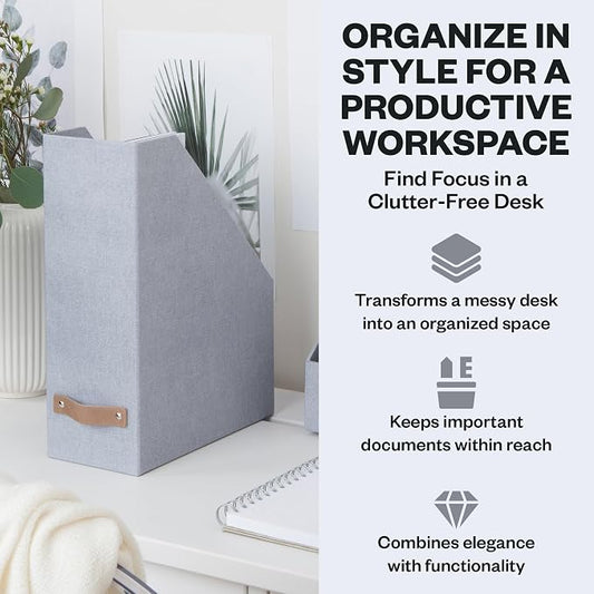 Bigso Estelle Magazine File - Magazine Holder and Organizer for Papers and Catalogs with Leather Handle - Magazine File Holder for Office Desks - 12.6 in x 4.5 in x 9.8 in - Ash Ballard