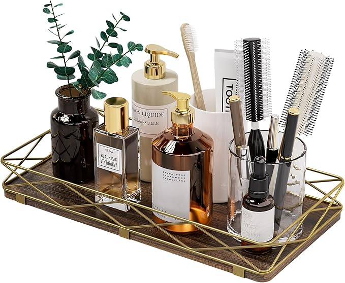 Toilet Paper Basket Holder, 13" Bathroom Tray Countertop, Wood and Metal Toilet Tank Tray Bathroom Vanity Organizer for Toiletry, Kitchen Sink Organizer for Soap Dispenser (Brown+Gold)