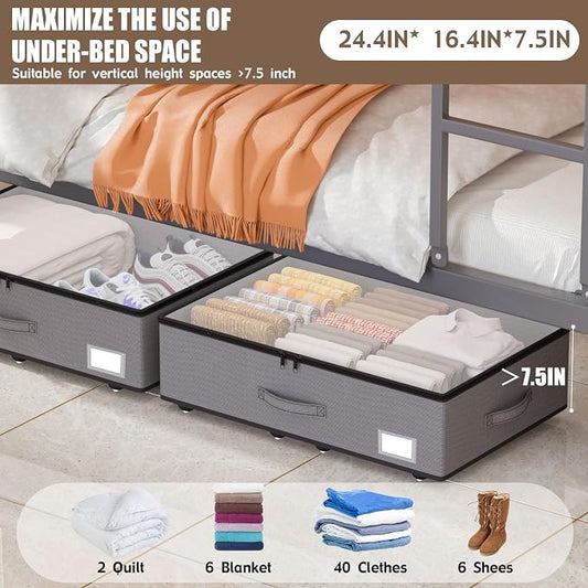 EE-RoomWorld Under Bed Storage with Wheels, No Assemble Required 7.5 inches height Under Bed Storage bins,Large capacity Rolling Underbed Shoe Storage containers,dorm underbed storage drawers