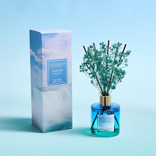 COCORRΓNA Reed Diffuser - Niagara Falls 6.7 Fl.oz Reed Diffuser Set with 8 Sticks & Preserved Baby's Breath, Reed Diffuser for Home Bathroom Shelf Decor
