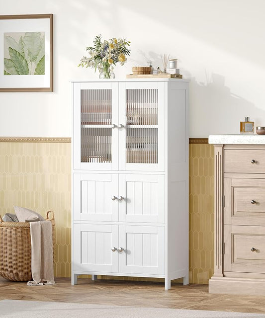 Akxomel 43.3'' H Bathroom Storage Cabinet, Bathroom Floor Cabinet with 6 Doors, Linen Cabinet with Transparent Doors, Modern Bathroom Cabinet for Living Room, Kitchen, Entryway, White