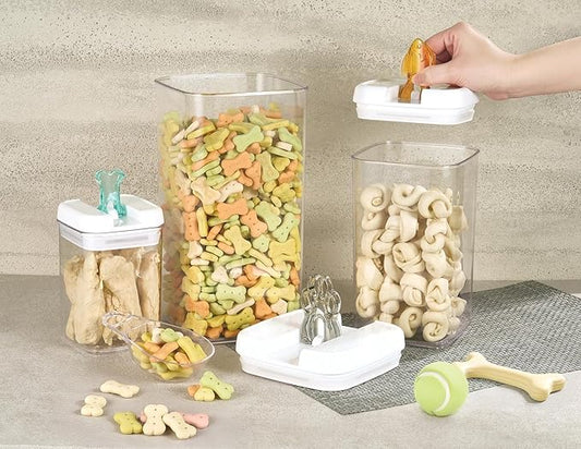 Felli Flip Tite Pet Food Container with Airtight Lids, BPA FREE Acrylic Canister with Paw Bone Fish Flip Top Handles for Cat Dog Kibble Treats Storage, Keep Fresh (Pet Collection Nest-L 3pk)
