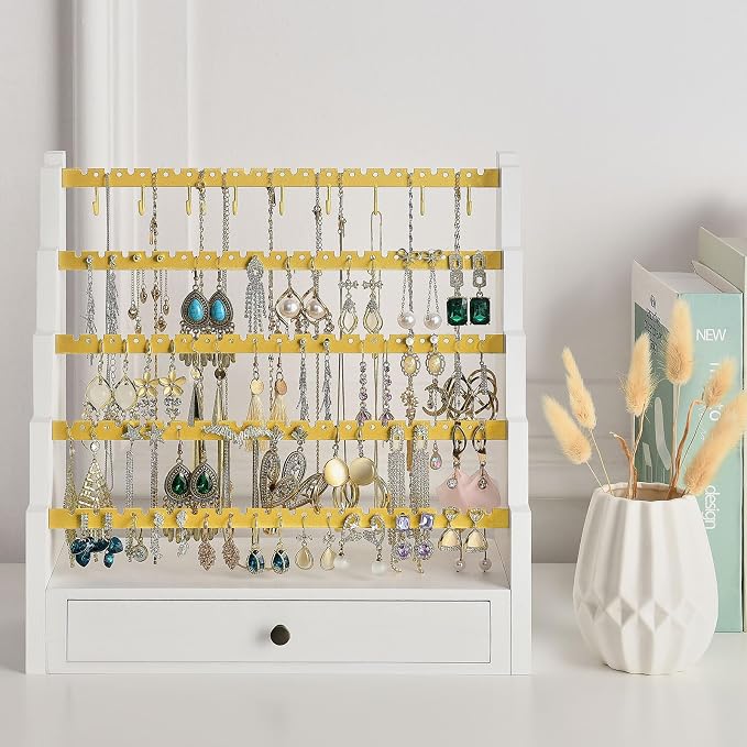 Pinzoveco Earring Organizer, 5 Layer Earring Holder Organizer with Metal Necklace Holder Pole, Rustic Wood Jewelry Organizer Stand Display for Stud Earring Bracelet Necklace Ring, 175 Earring Holes