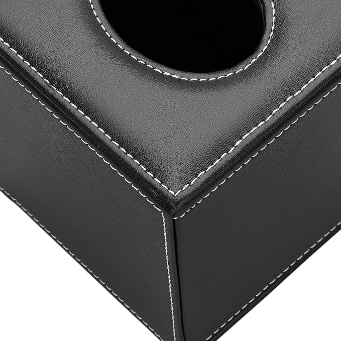 KINGFOM Square Pu Leather Tissue Box Cover, Modern Facial Tissue Holder, Roll Tissues Paper Case Dispenser for Bathroom Vanity Countertop, Night Stands, Office Desk & Car(Black)