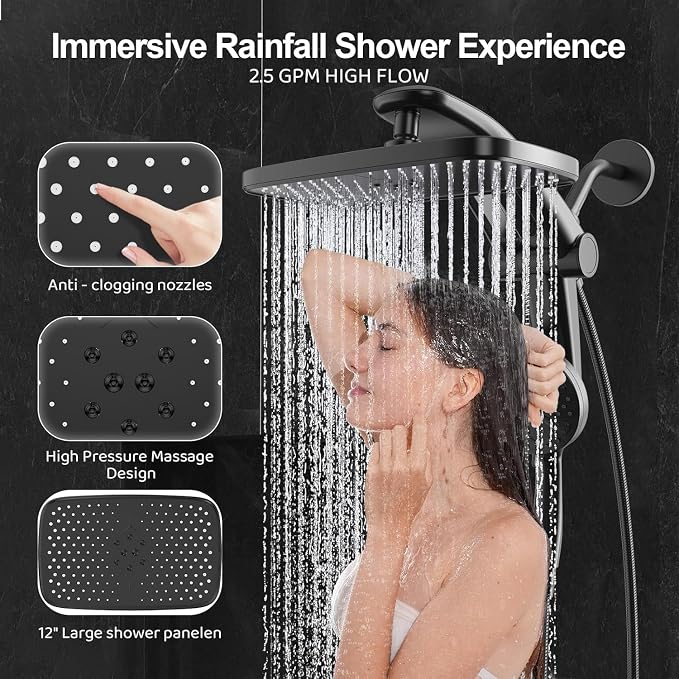 Rain Shower Head with filtered Handheld High Pressure rainfall Shower Heads with Handheld Spray Combo Adjustable one-piece stand daul shower head Built-in Magnetic Docking and Power Jets-matter black