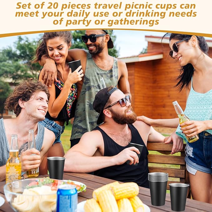 Mimorou 20 Pack 12 oz Stainless Steel Pint Cups Metal Cups Unbreakable Drinking Water Tumblers Stackable Tumbler for Adults Bar Home Restaurant Travel Picnic Camping Outdoor (Black)