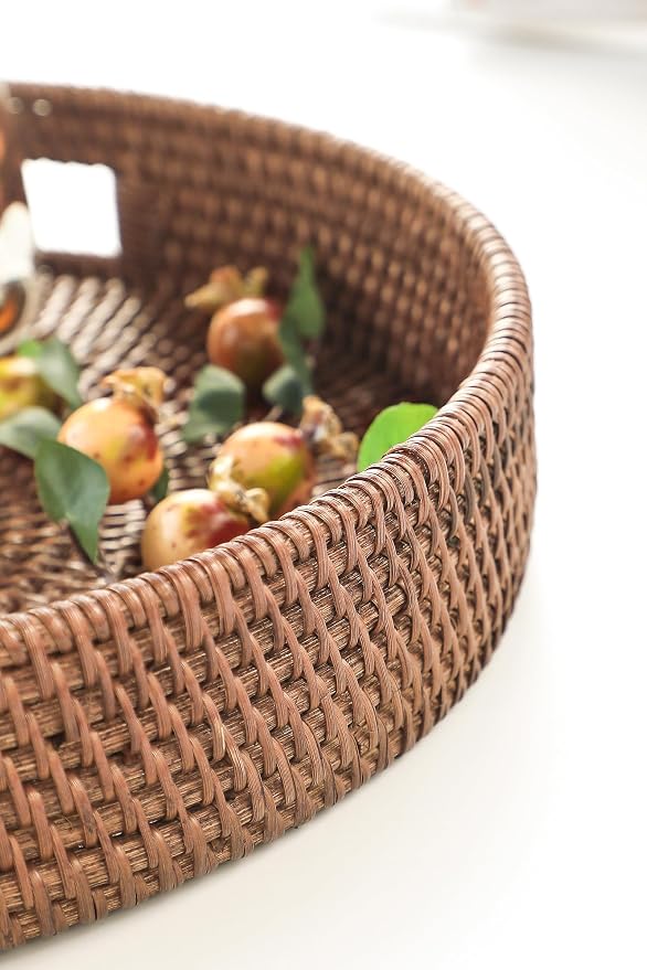 HITOMEN 14.2" Hand-Woven Round Rattan Serving Tray Decorative Ottoman Wicker Platter with Handles for Coffee Table, Breakfast, Drinks, Snack, Bread, Fruit, Vegetables (Warm Brown-L)
