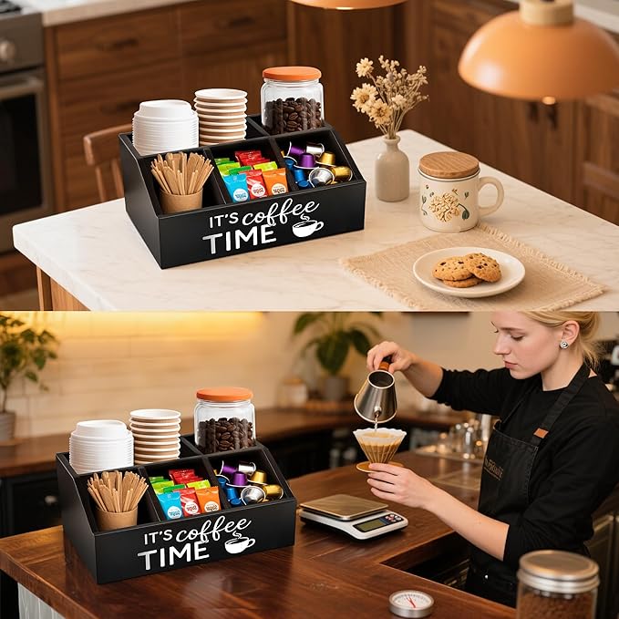Coffee Station Organizer – Wooden Condiment Holder for Coffee Bar Accessories, Tea Bags, Pods, Stirrers – Rustic Countertop Storage Basket for Home & Office