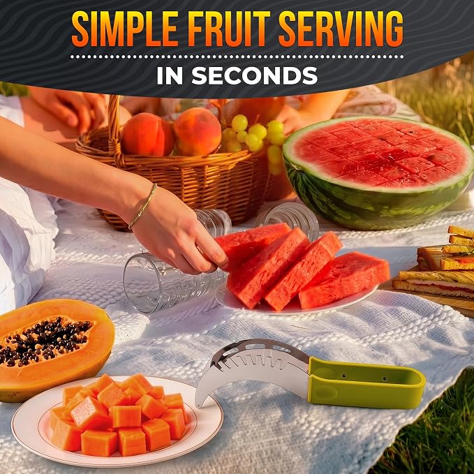 2-in-1 Watermelon Cutter Slicer Tool – Create Clean 1" Cubes & Slices with Watermelon Slicer for Cutting & Serving – Stainless Steel Fruit Cutter for 4th of July BBQ, Picnic, Camping & Snack Prep