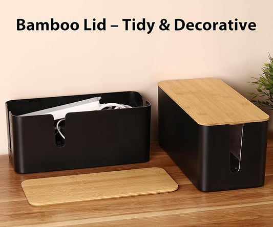 ZhiYo Bamboo Lid Cord Organizer Box, 2Pack Large Cable Management Box, Safe ABS Wire Organizer for TV and Computer, Wood Cover Cord Hider to Hide Wires, USB Hub & Under Desk Power Strip, Black