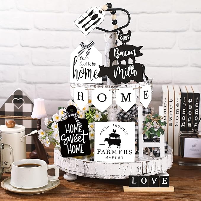 Set of 11 Home Tiered Tray Decor Spring Welcome Rustic Farmhouse Tiered Tray Decorations Set Home Wooden Signs Vintage Farm Animal Farmhouse Tabletop Wood Sign for Kitchen Table Shelf Decor