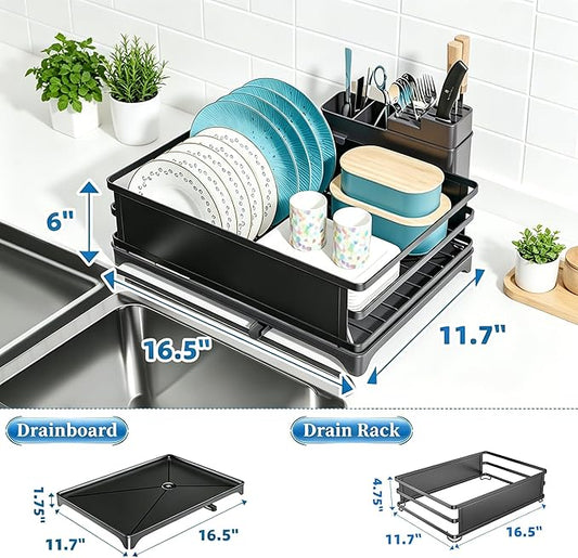 Simple Trending Dish Drying Rack, Space-Saving Large Dish Rack for Kitchen Counter, Anti-Rust Dish Drainer with Cutlery & Cup Holders, Black