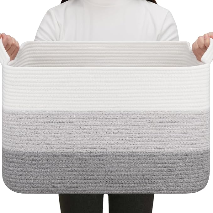 OIAHOMY Rectangle Woven Storage Basket - Nursery Cotton Rope Baskets for Storage, Toy Basket Organizing for Living Room, 17.7"x13.8"x11"- Pack of 3 - Gradient Gray