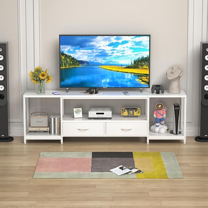 GYIIYUO TV Stand with Fabric Drawers for 55 60 65 Inches TV - Entertainment Center and Industrial TV Console Table with Open Storage Shelves for Living Room, Bedroom - 55.1" White