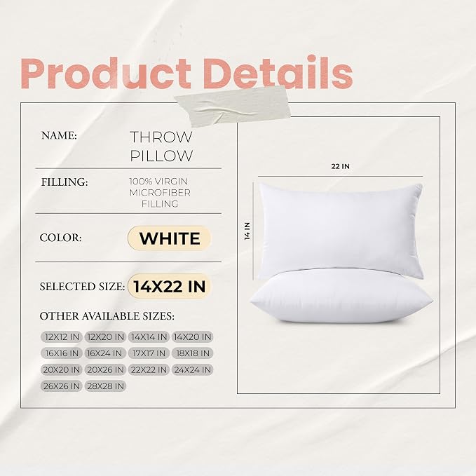 Utopia Bedding 14x22 Pillow Inserts, Set of 2, White – Indoor Decorative Throw Pillows for Bed, Sofa & Couch – Soft, Supportive & Fluffy Cushion Inserts