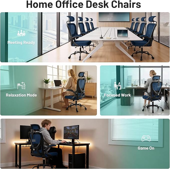 Office Chair - Ergonomic Desk Chair Breathable Mesh Chair with 2D Headrest & Adjustable Lumbar Support - Executive High Back Rolling Swivel Computer Gaming Chair with Wheels Flip-up Armrests