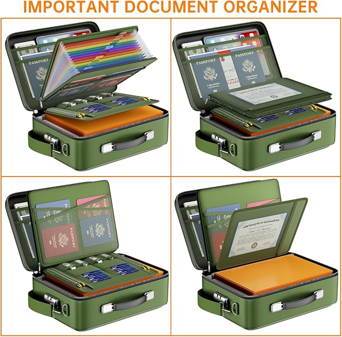 DocSafe Fireproof Document Box with Lock, Hard Case File Organizer with Accordion File Folder, Fireproof Water Resistant Safe Box Home Office Travel Storage for Important Documents Laptop Green
