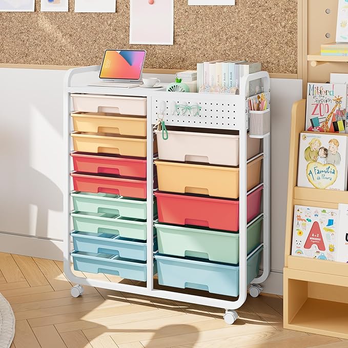 Rolling Storage Cart with 14 Drawers, Storage Organizer Cart with Tabletop and Pegboard,Utility Cart for Living Room, Classroom, Bedroom,Bathroom,Dorm,Office (Rainbow)