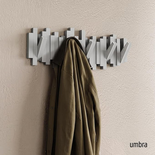 Umbra Sticks Wall-Mounted Coat Rack Rail Hook with 5 Retractable Pegs – Modern, Space-Saving Storage Organizer, Grey