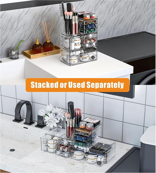 SuoXing 3 Pack Clear Acrylic Makeup Organizer for Vanity With 9 Drawer, Skincare Organizers Countertop With Make up Brush Holder,Bathroom Make up Drawer Storage for Beauty,Hair Accessories Organizer | Cute