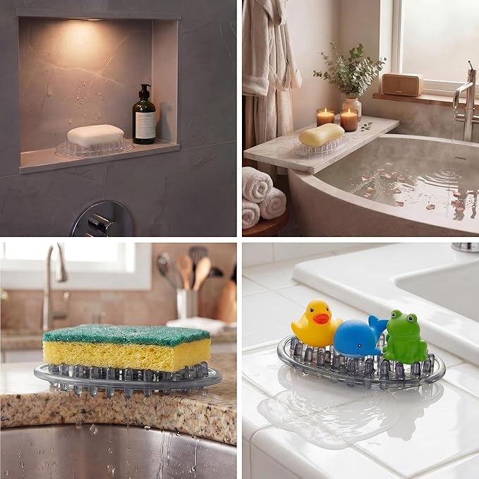 2 Pcs Plastic Soap Holder Soap Dish Bar Saver Tray with Holes Sponge Holder for Kitchen Bathroom Shower Counter, 4.5 x 3 x 0.7 Inches (Clear,Light Gray)