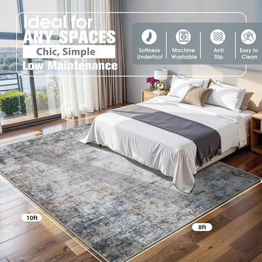 8x10 Area Rugs for Living Room Rug Washable: Abstract Large Rug for Dining Room Bedroom Carpet Non Slip 8 by 10 Indoor Modern Nursery Home Office White Brown Blue