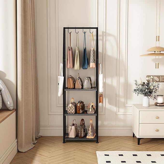 3-Tier Purse Rack Stand with 8 Hooks - Tall Narrow Purse Organizer for Entryway/Closet Organization, Bag Organizer for Various Bags(Gray)
