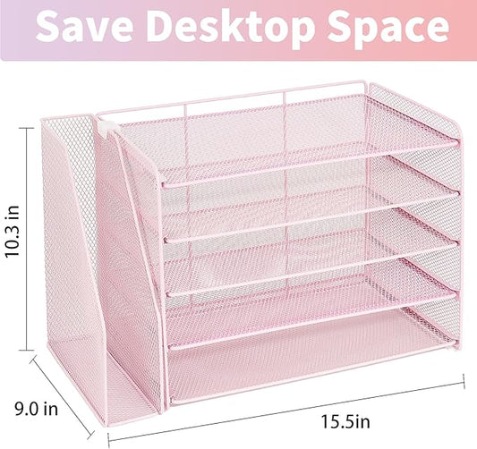 OPNICE Desk Organizer, 5-Tier Paper Organizer Letter Tray with Magazine Holder, Office Desk Accessories & Workspace Organizers, Desktop File Organizer for Office Supplies Storage, Pink