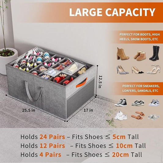 Aokeyee 2 Pack Shoe Organizer for Closet, Large Shoe Storage Box Fits up to 48 Pairs, Space Saving Foldable Shoes Organizer Bin w/Clear Cover and 4 Reinforced Handles, Grey