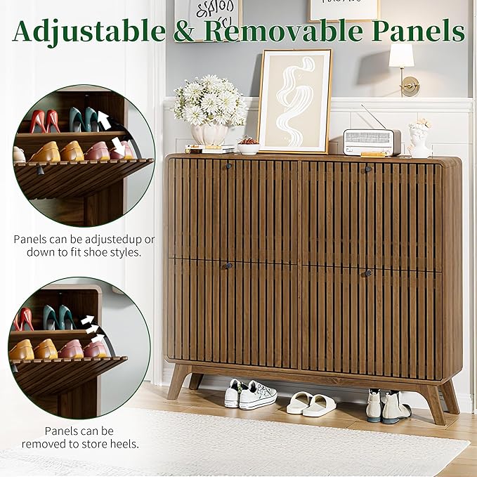 Large Shoe Cabinet for Entryway, Bamboo Narrow Shoe Cabinet Storage with 4 Flip Drawers, Slim Fluted Shoe Rack Organizer for Entry Way, Hallway, Thin, Skinny, Wood, Walnut