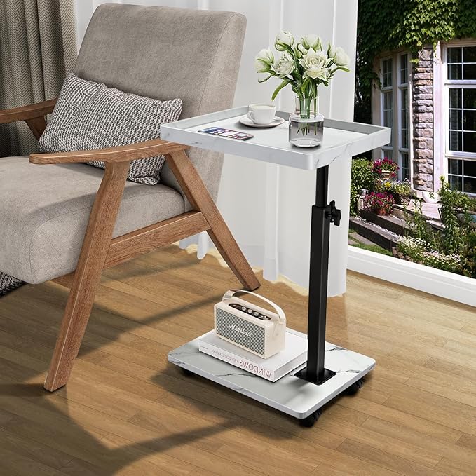 C Table End Table Adjustable Height, 360°Swivel TV Tray Table for Small Spaces, Couch Tables That slide under, C Shaped Side Tables living room and bedroom for Sofa, Bed,Chair, Snack (2, White)