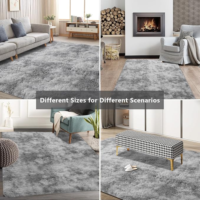 Shag Area Rugs for Bedroom Living Room,8X10 Ultra Soft Fluffy Area Rugs for Dorm, Indoor Carpet Nursery Rugs for Kids Girls Room Home Decor,Tie-Dye Grey