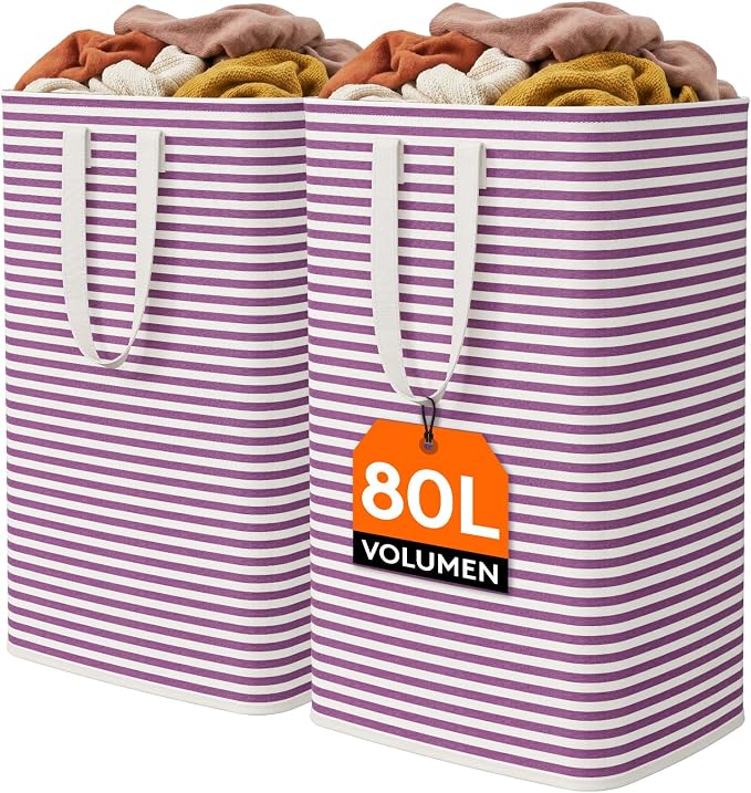 Lifewit 2 Pack Laundry Basket 80L Each, Collapsible Clothes Hamper with Reinforced Handles, Freestanding Waterproof Design for Bedroom and Laundry Room, Purple 160L Total