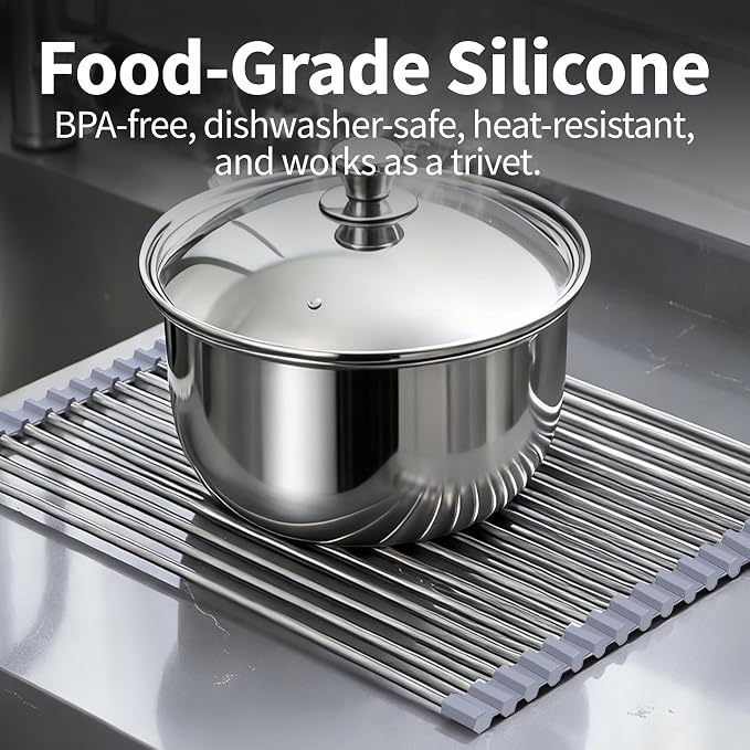 Roll Up Dish Drying Rack for Over Sink - 17.5"x15.7" Foldable Stainless Steel Kitchen Drainer,Gray