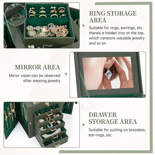 AKOZLIN 6-Tier Jewelry Box Organizer Functional 5 Drawers Leather Jewelry Storage Case for Women Girls Ring Necklace Earring Bracelet Holder Organizer with Mirror DrakGreen Regular