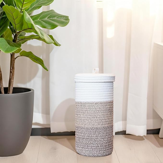 Toilet Paper Holder Handmade – Woven Cotton Toilet Paper Stand & Storage Basket with Lid, Freestanding Organizer for Bathroom, Fits 3 Mega Rolls Gradient Brown 14'' x 7''
