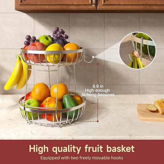 Sevenblue 2 Tier Fruit Basket for Kitchen Counter with 2 Banana Hangers, 2026 Pro Detachable Metal Fruit Bowl with Wooden Handle,Fruit Holder for Bread Snack Veggies, Silvery Extra Large