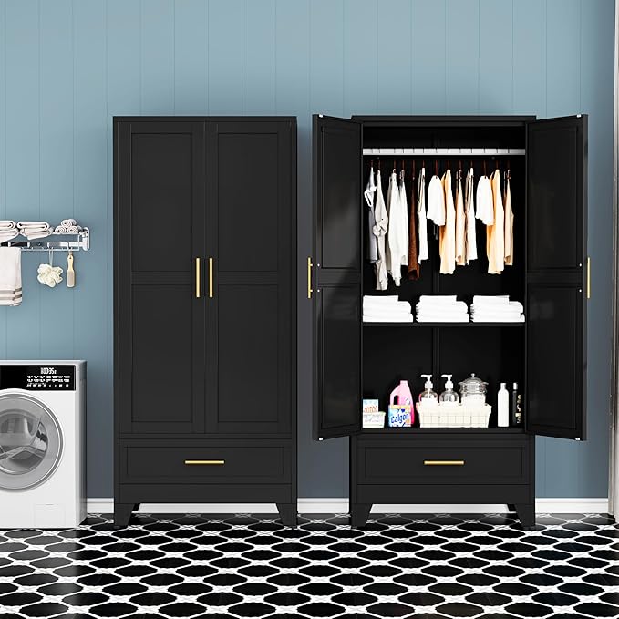 Steel Armoire Wardrobe Closet, 71" Household Wardrobe Cabinet with 2 Doors, 1 Adjustable Shelf and 1 Drawers, Metal Clothing Storage Cabinet with Hanging Rod for Bedroom, Cloak Room,Gym(Black)